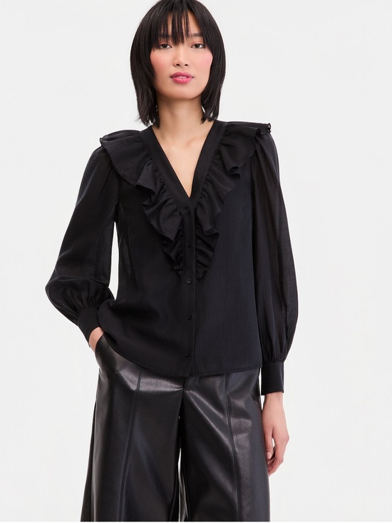 INC International Concepts Tops - Ruffle-Trim Button-Up Blouse Top in Black by INC International Concepts • NWT